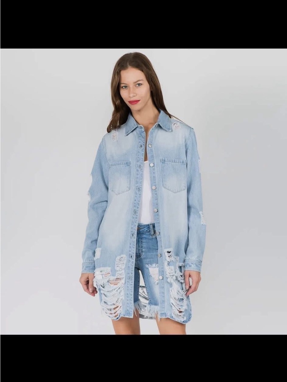 Light Wash Distressed Denim Long Shirt Jacket